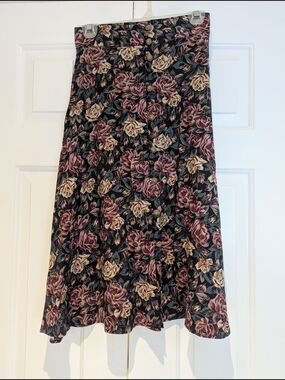 Vintage 90s Grunge Ashley Taylor Black Floral A-Line Midi Skirt Fairy Whimsigoth